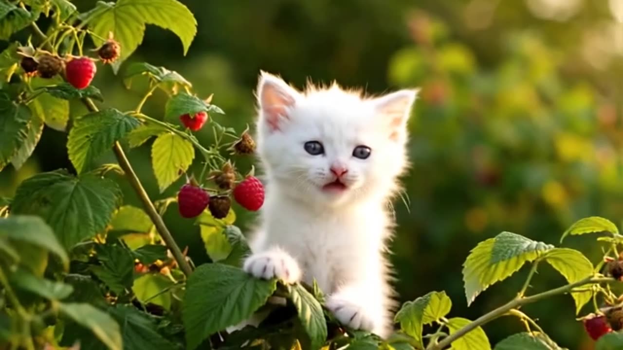 The cat eats raspberries