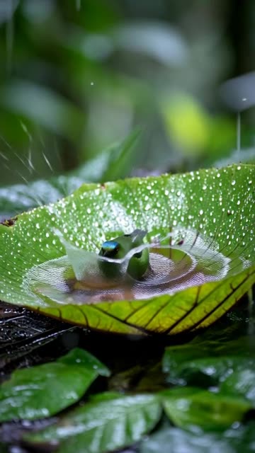A Blue-crowned Manakin in a humid rainforest canopy approaches a very large