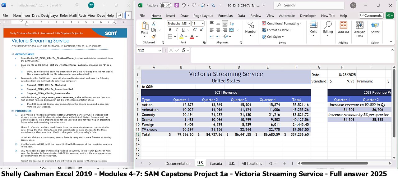 Shelly Cashman Excel 2019 | Modules 4-7: SAM Capstone Project 1a Victoria Streaming Service