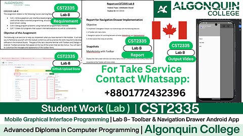 Student Work (𝐋𝐚𝐛 𝟖 ) | 𝐂𝐒𝐓𝟐𝟑𝟑𝟓 𝐋𝐚𝐛 𝟖 Android Toolbar + Navigation App | Algonquin College, Canada