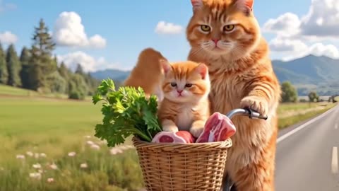 Mamá gata compra carne y cocina deliciosas albóndigas para sus gatitos hambrientos.