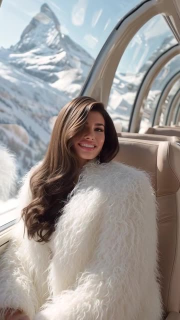 Interior of a high-end Swiss panoramic train with curved glass windows, elegant beige leather seats