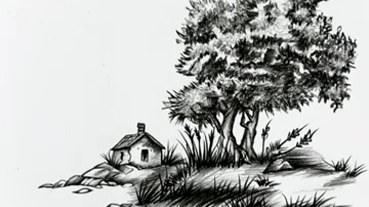 Beautiful Pencil Sketch of a House and Tree in a Natural Landscape