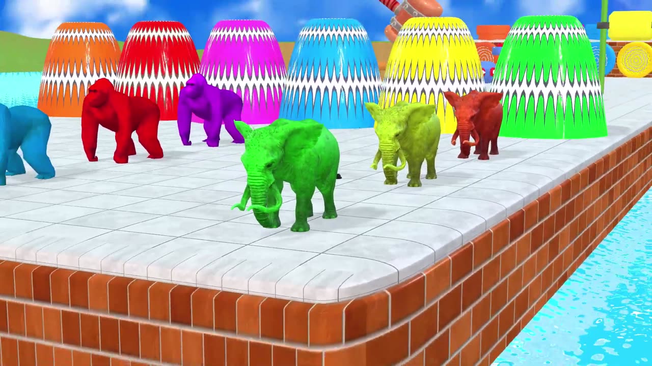 LONG SLIDE GAME WITH COW ELEPHANT GORILLA HIPPOPOTAMUS TIGER 3D ANIMAL GAME FUNNY 3D ANIMALS