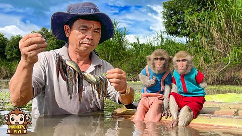 YiYi and YinYin's journey of experience following grandpa to make rafts and catch fish in the river