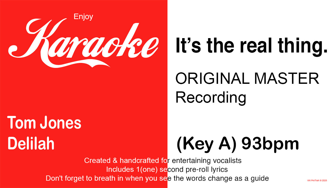 Tom Jones - Delilah (Key A) 93bpm (2025) Karaoke
