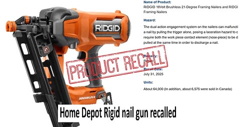 Home Depot Ridgid nail gun recalled