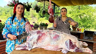 Butchering lamb, cooking lamb kebabs and fresh bread