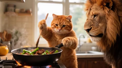 The cat met the injured lion and took it home to cook delicious food to entertain it.#cat #lion