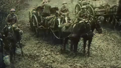 British horse carts and trench grenade launchers at the Battle of Ancre 1916