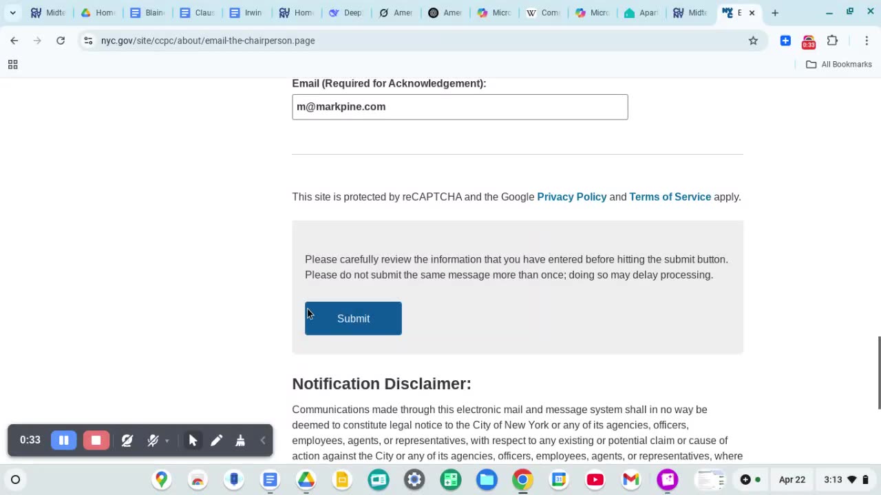 Email to the New York City Commission to Combat Police Corruption