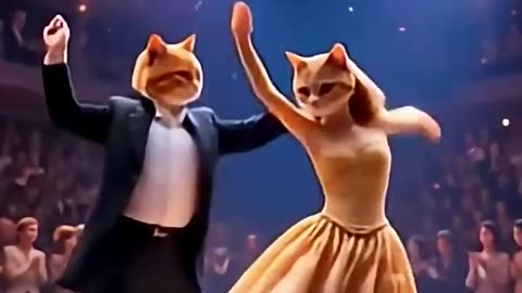 Kitty and cute kitten dance in the stage