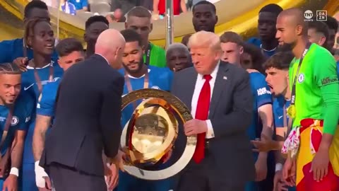 President Donald J. Trump and FIFA President Gianni Infantino present the FIFA Club World Cup trophy to Chelsea.