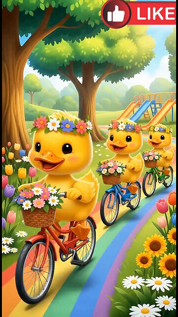 Cartoon video of a duckling riding a bicycle to greet his friends with flowers.