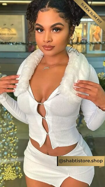 Glamorous Two-Piece Set – Luxe Fur Collar Top, Sculpted Split Mini Elegance🤍