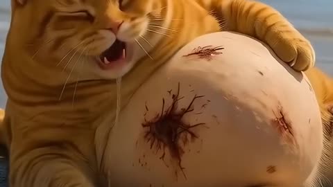 Orange cat fight with a shark. Ai cartoon orange fat cat funny video