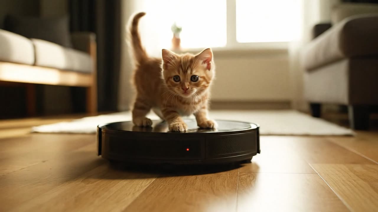 Kitten Rides a Robot Vacuum – Viral AI Clip You’ll Replay!