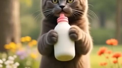 Adorable Brown Cat Walking with Milk Bottle 🍼 | So Cute!
