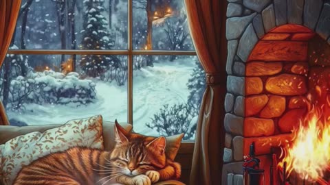 Winter Haven, Fireplace Glow, Sleeping Cat.