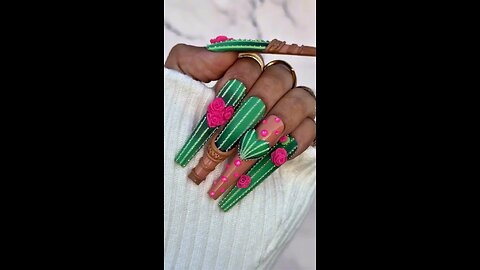 Aloe Vera Leaf Nail Art with Pink Rose Flower | Beautiful Floral Nails Tutorial