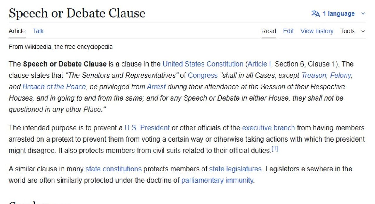 Speech or debate clause of Constitution does NOT give congress and senate rights to lie on Americans