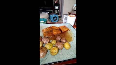 Eating Smoky Bourbon Atlantic Salmon, Dbn, MI, 8/26/25