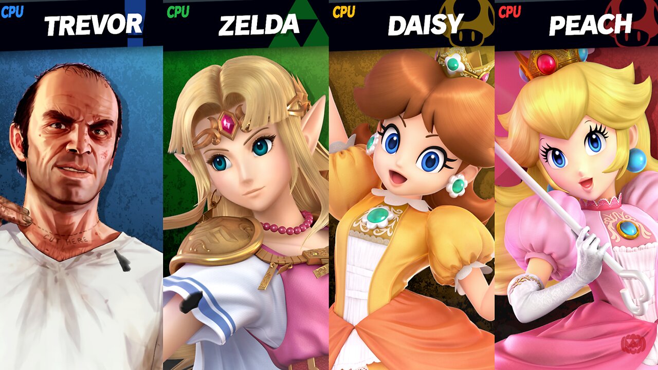 Trevor Philips (Snake) vs Zelda vs Daisy vs Peach (WearetheBINIverse SSBU Request) -By mokkori