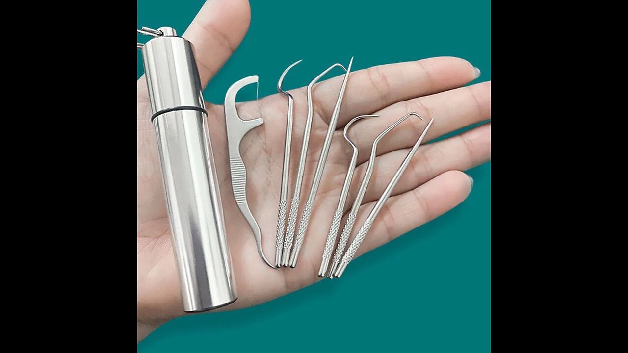 7-in-1 Portable Stainless Steel Toothpicks & Floss Set, with 2 Straight, 4 Elbow Toothpicks &1 Floss