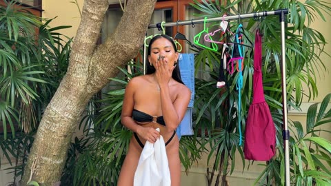 HOT GIRL Towel Tease to Skimpy Black Micro Bikini Bold Beach Look Reveal!