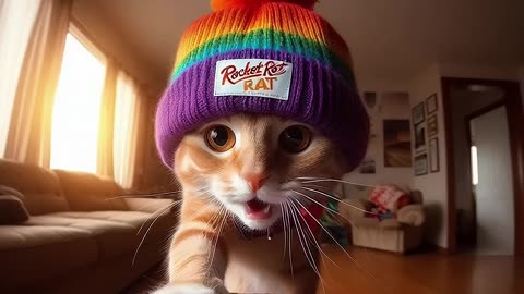 An orange cat smells a bag of air from 2017