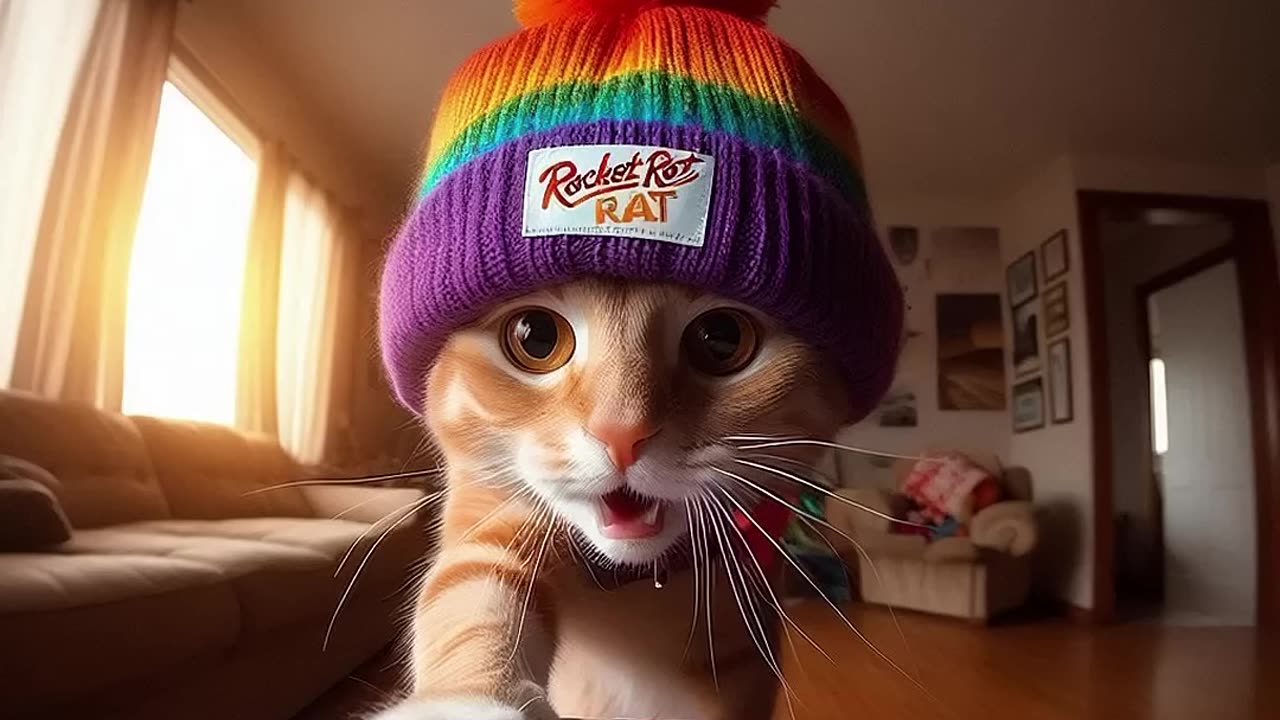 An orange cat smells a bag of air from 2017