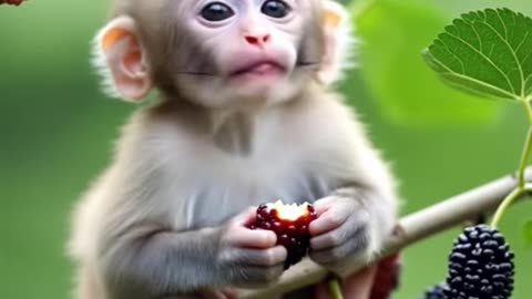A baby monkey love the fruit