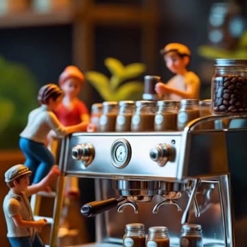 a miniature figurine of a coffee machine and people