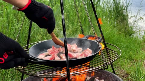 Campfire Skillet Breakfast: Eggs, Bacon & Veggies | Outdoor Cooking ASMR in the Forest