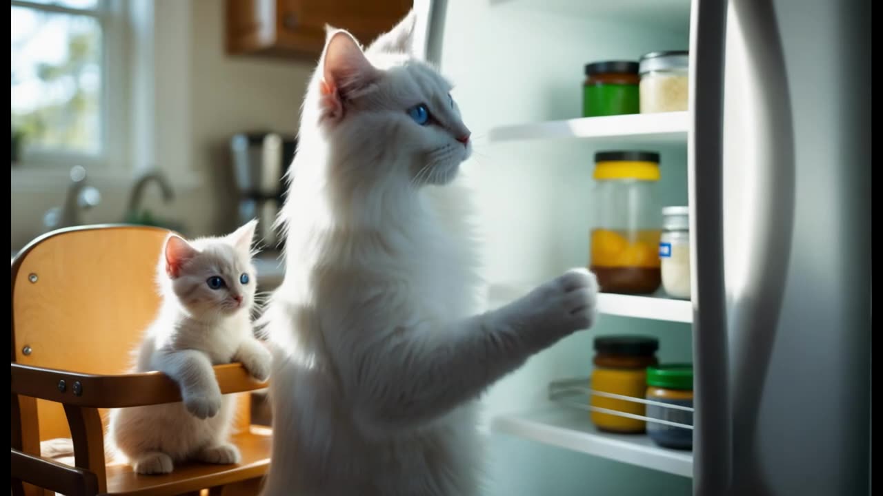 Mother cat cooks fish soup for kittens: A Cozy Moment in the Cat Family Kitchen