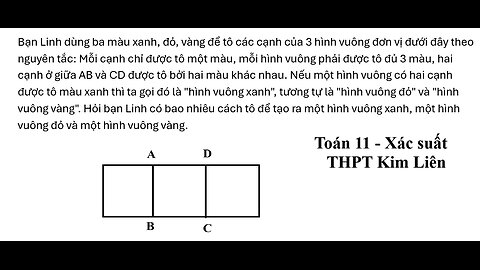 Bạn Linh dùng ba màu xanh, đỏ, vàng để tô các cạnh của 3 hình vuông đơn vị đưới đây