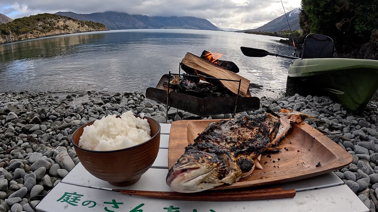 Relaxing CATCH AND COOK at a lake beach only accessible by kayak