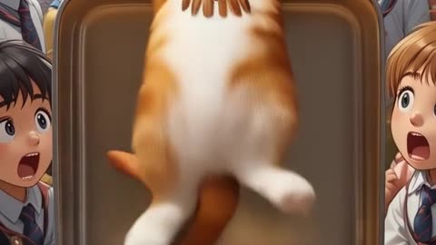 Excited cat opening a lunchbox with a giant grilled fish, surrounded by shocked school kids
