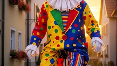 Clown with pink Nose Riding a Unicycle And Saying 6 - 7