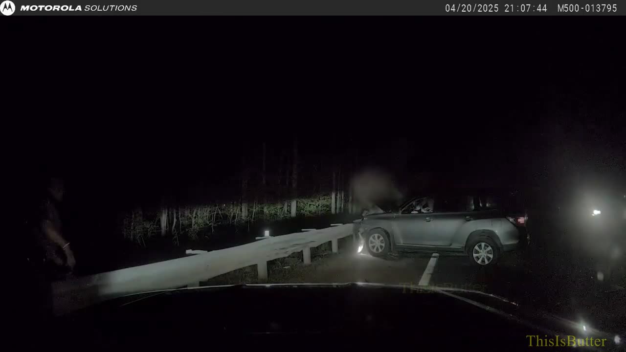 Dashcam shows two people jumping to avoid a crash when a distracted driver hits patrol vehicle