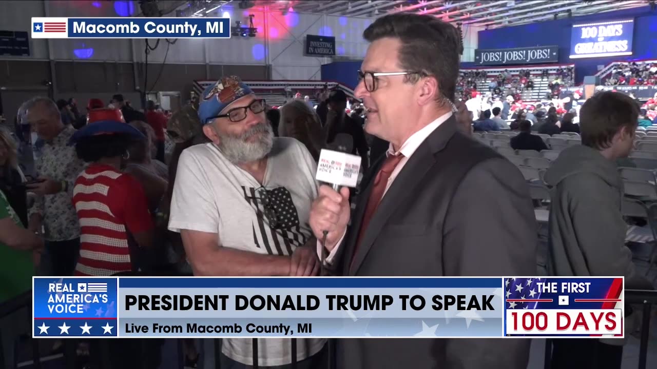 Steve Gruber Interviews Rally Goer At Trump Admin 100 Day Celebration In Michigan