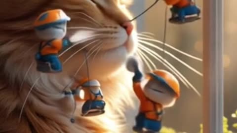 Tiny Workers Polishing a Sleeping Cat’s Giant Whiskers Like Window Washers