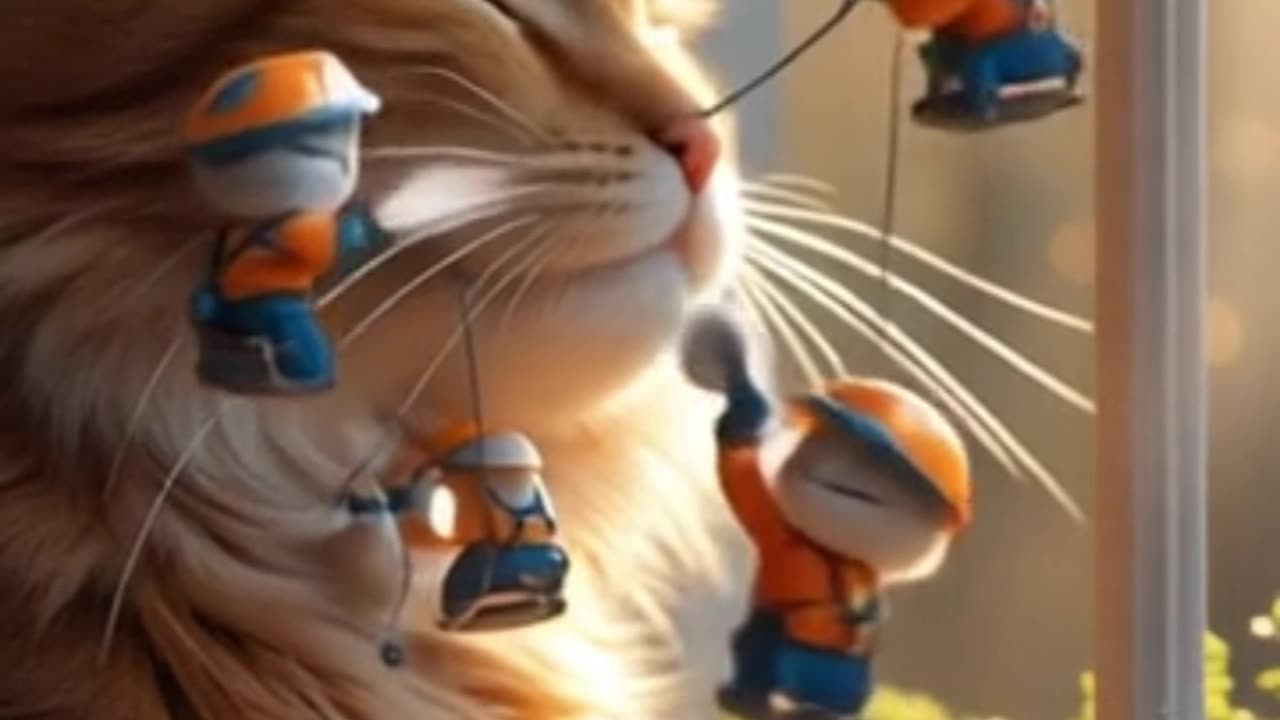 Tiny Workers Polishing a Sleeping Cat’s Giant Whiskers Like Window Washers
