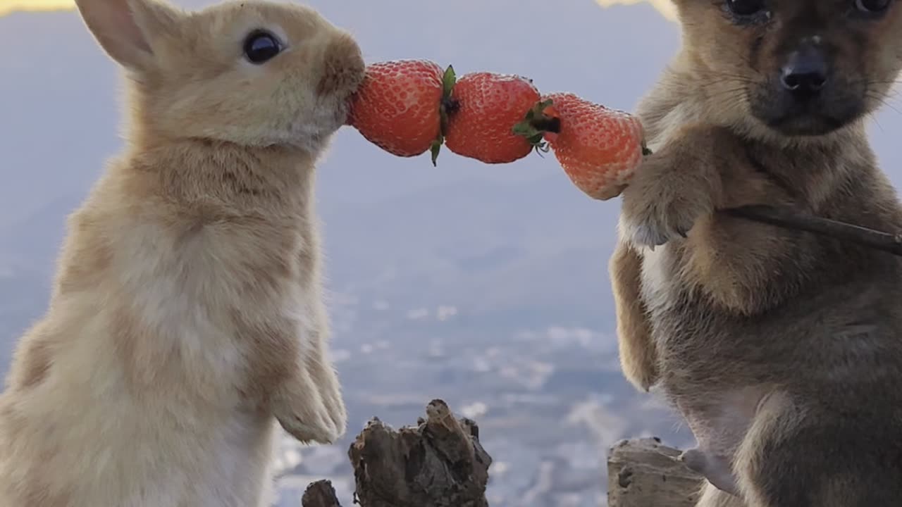 Dog feeding little rabbit strawberries