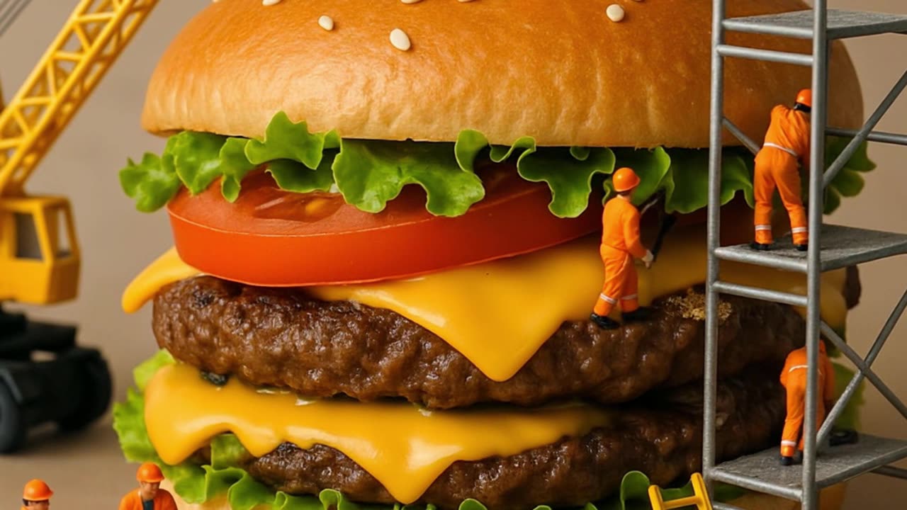 Mini Workers and the Giant Burger! #shorts #AIshorts #MiniWorkers #klingai #midjourney