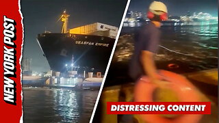 Witnesses jump in the water after a massive cargo ship smashes into two ferries