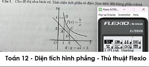 Thủ thuật Flexio: Cho đồ thị như hình vẽ. Tính diện tích phần tô đậm (làm tròn đến hàng phần trăm)