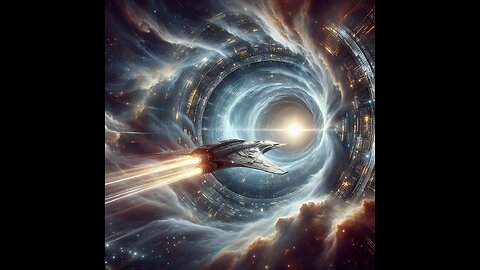 Starship emerging from a portal