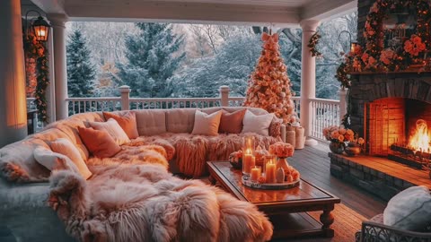 Cozy fireplace with winter snowfall ambience