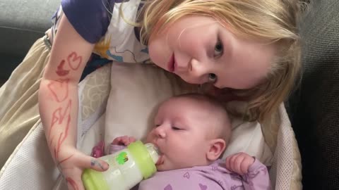 Baby Kayla Day 55: Big Sister Feeds Her! So Adorable!